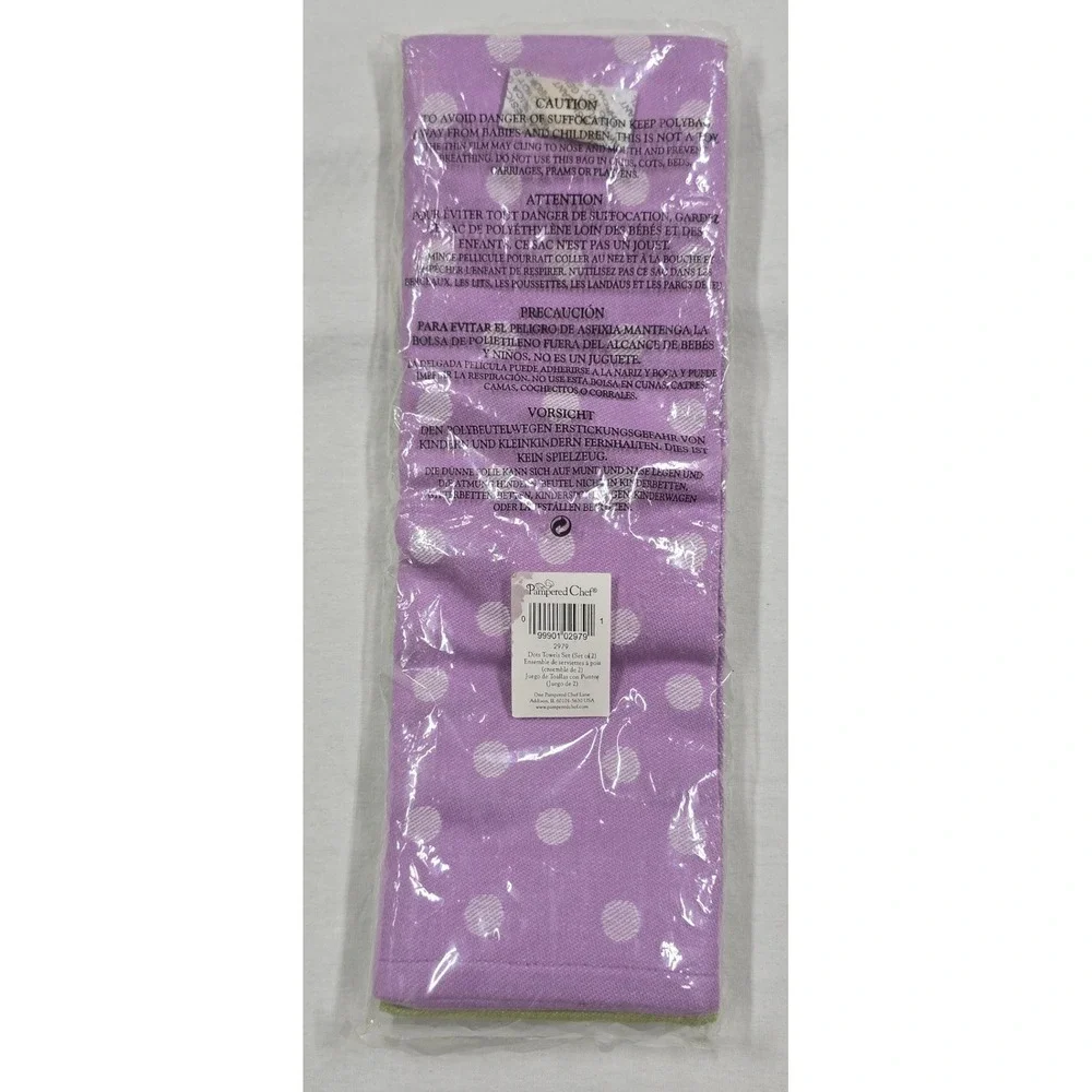 NEW Pampered Chef Dots Kitchen Towels Set of 2 Green & Lavender 2979